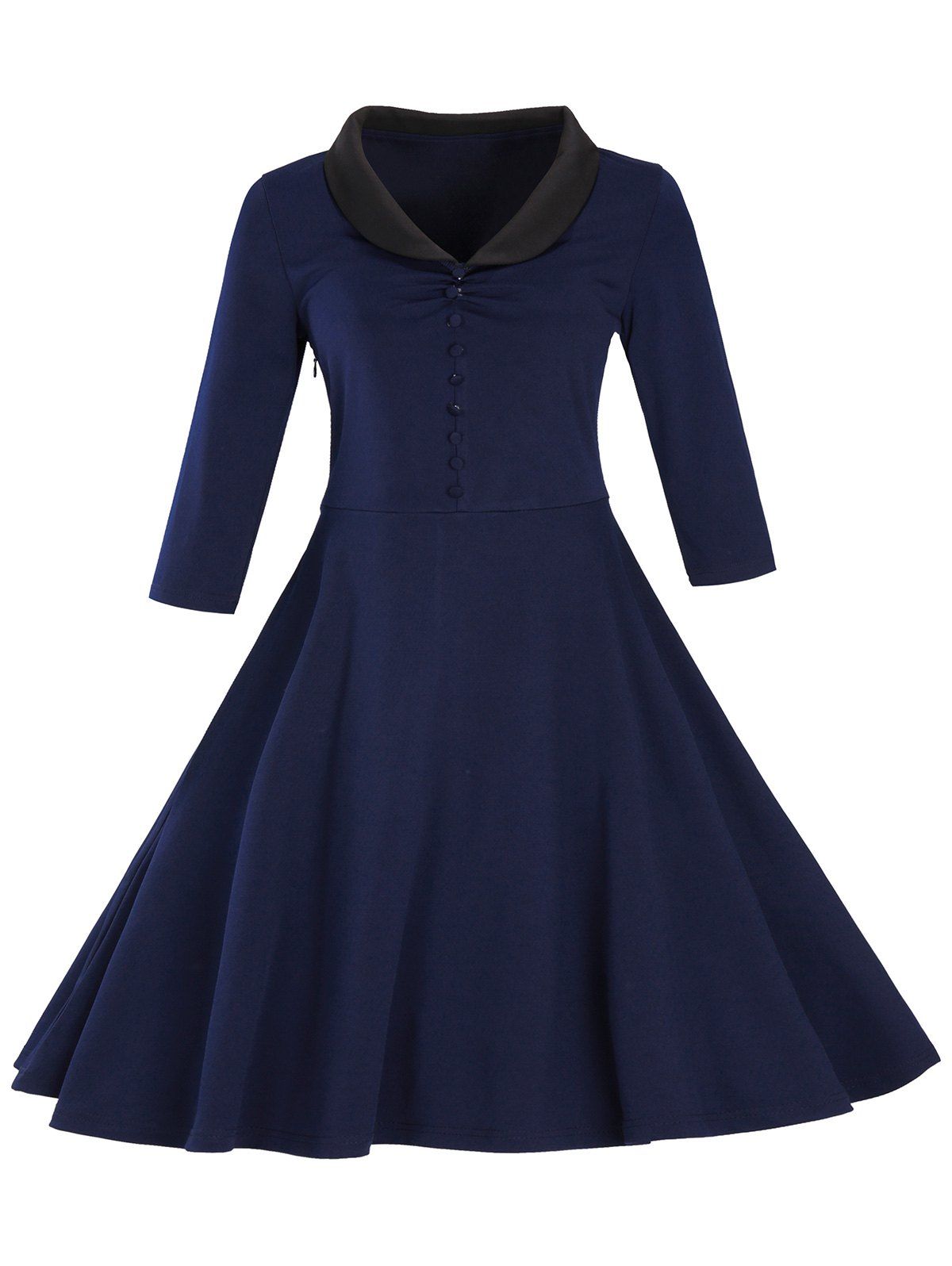 

Retro Shawl Collar Button Full Dress, Purplish blue