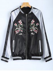 Color Block Flower Embroidery Fall Bomber Jacket -  