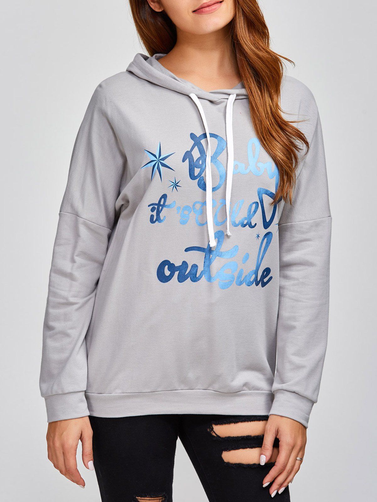

Drop Shoulder Letter Print Hoodie, Gray