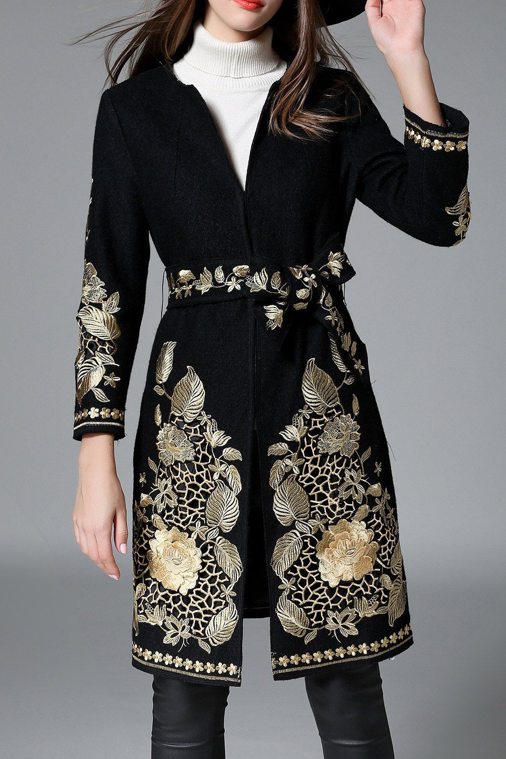 [58% OFF] Floral Embroidered Belted Coat | Rosegal