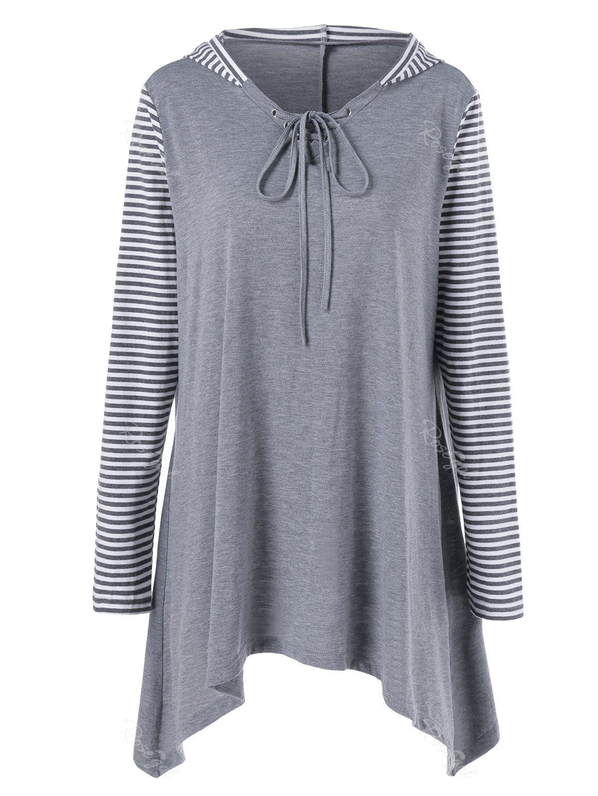 

Plus Size Asymmetrical Striped Hooded T-Shirt, Gray