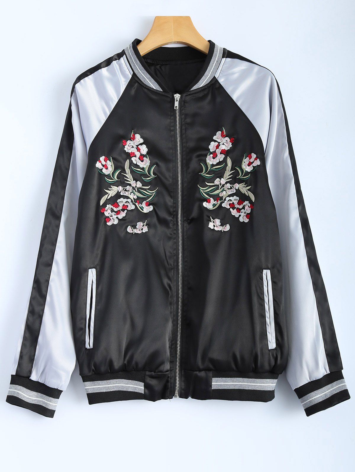 Buy Color Block Flower Embroidery Fall Bomber Jacket  