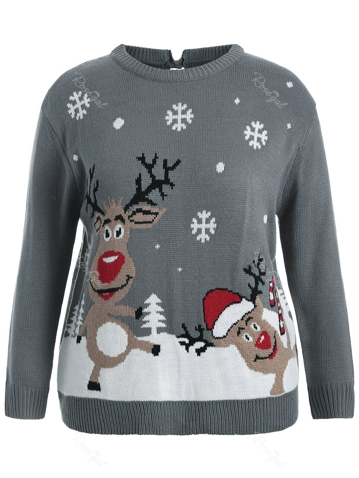 

Back Bowknot Snowflake Cartoon Pattern Christmas Sweater, Gray