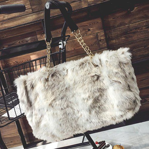 Khaki Faux Fur Chains Shoulder Bag