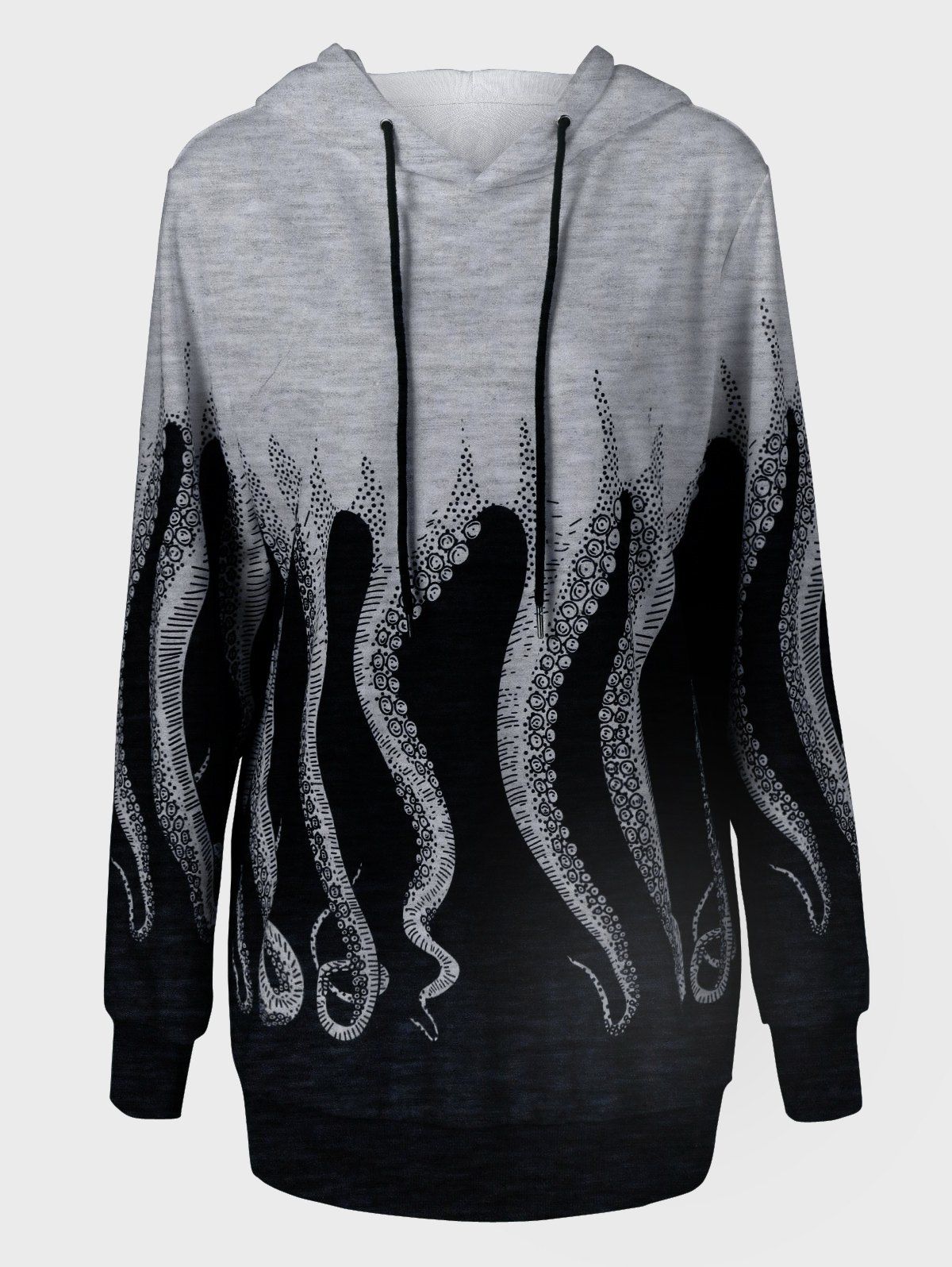 

Octopus Print Drawstring Black and Grey Hoodie, Gray