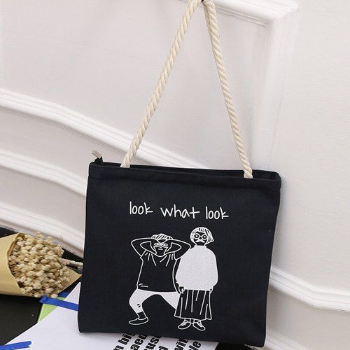 [15 OFF] Figure Print Canvas Hemp Rope Shoulder Bag Rosegal