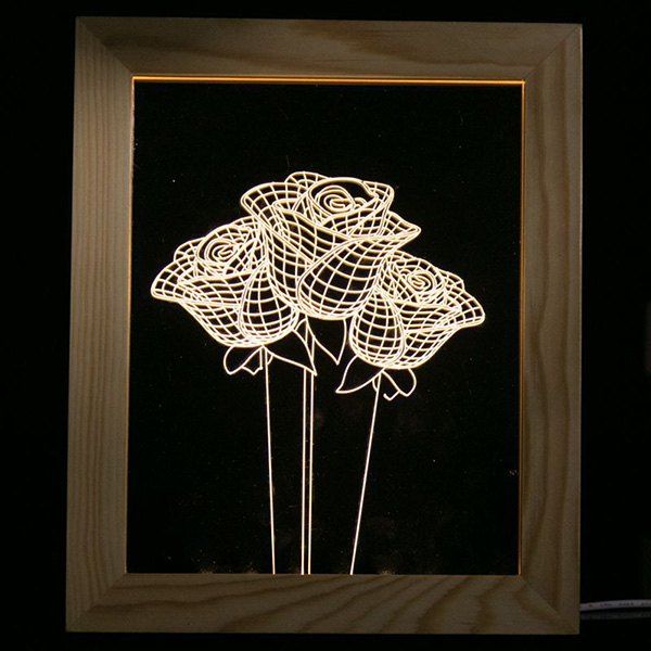 

3D Vision USB Rose Flower Wooden Photo Picture Frame LED Night Light, Transparent