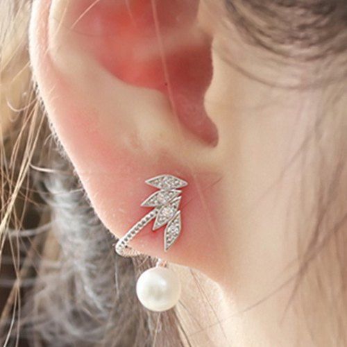 

Faux Pearl Rhinestone Leaf Earrings, Silver