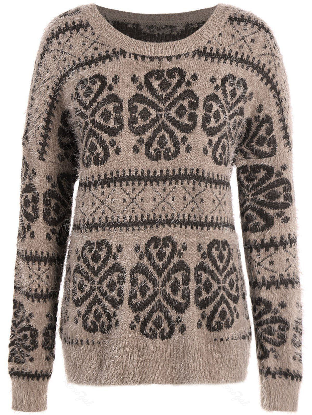 

Crew Neck Fuzzy Tribal Sweater, Light coffee