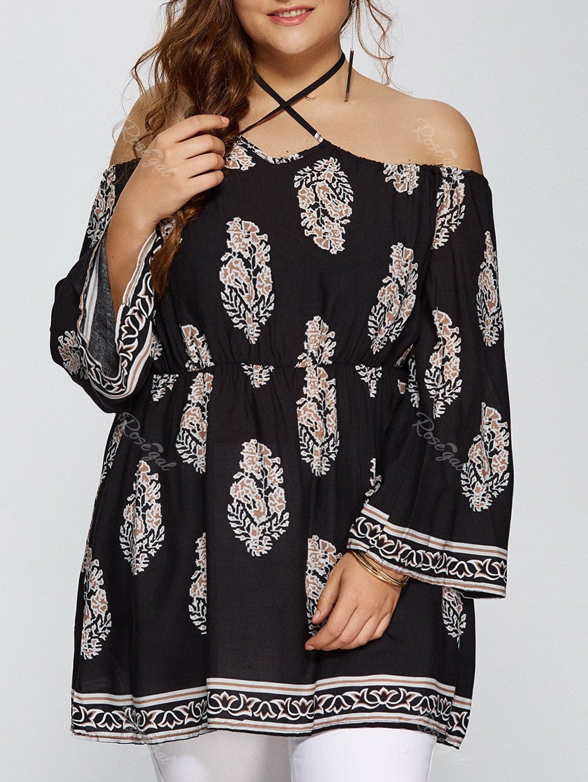 [24% OFF] Plus Size Club Printed Halter Off The Shoulder Flare Sleeve ...
