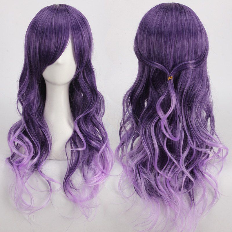 2019 Long Purple Ombre Side Bang Wavy Cosplay Synthetic Wig