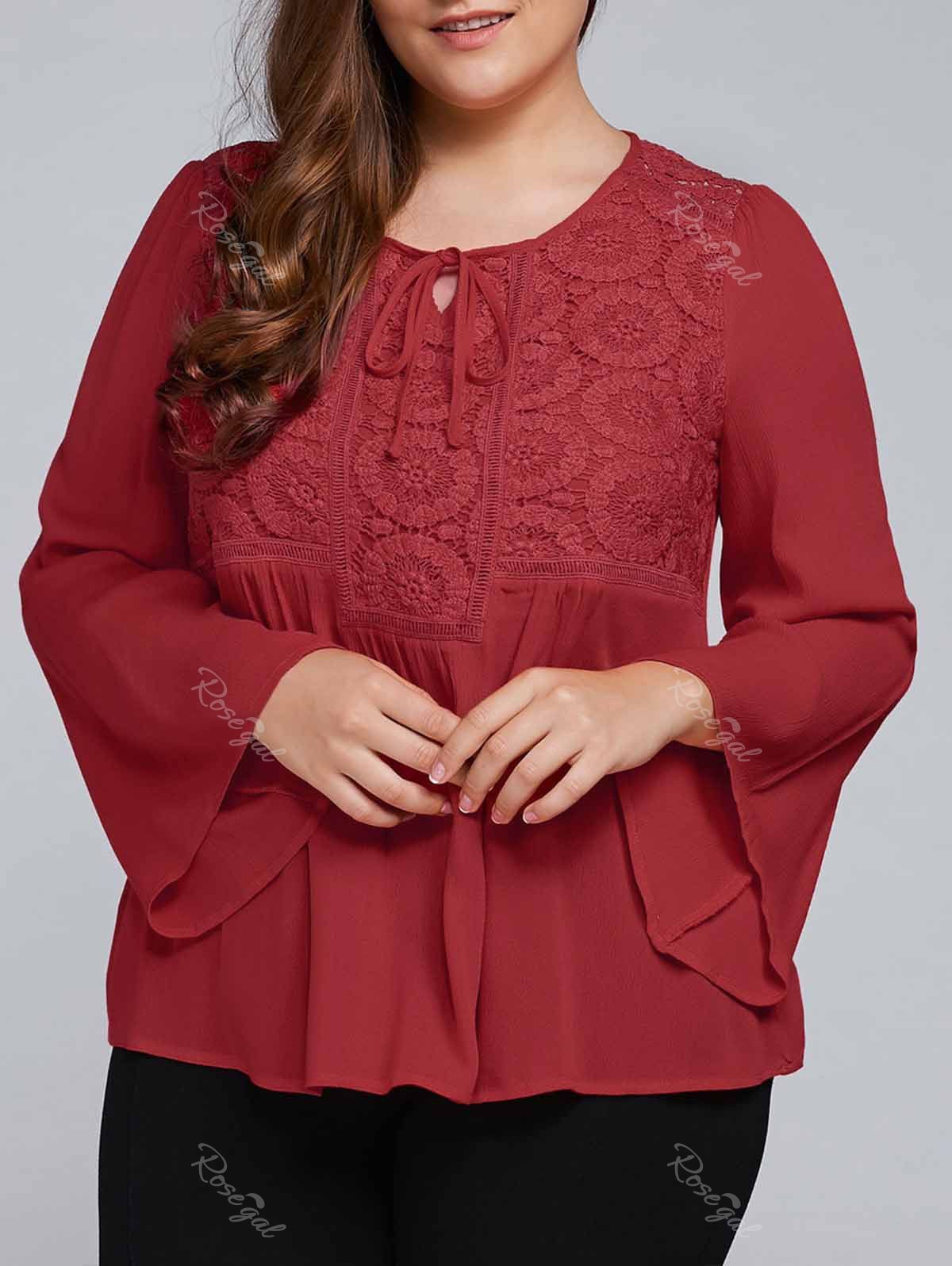 [39 OFF] Plus Size Lace Insert Peasant Blouse Rosegal