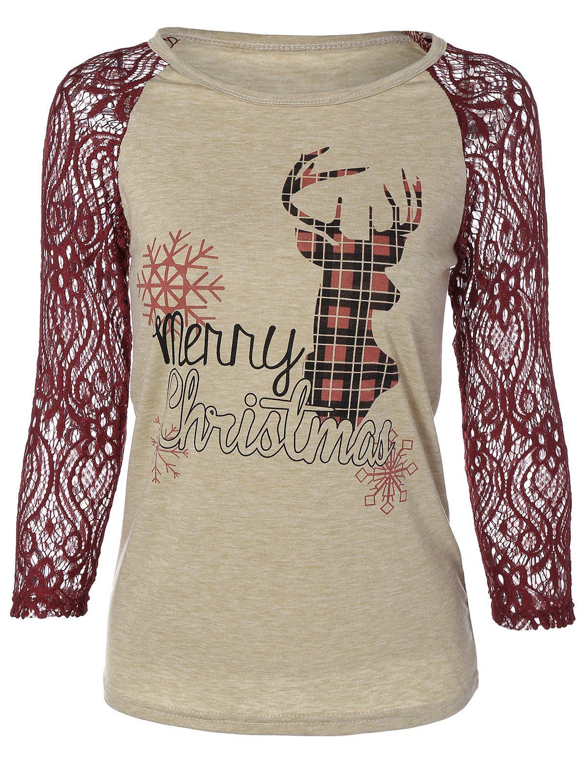 

Christmas Elk Print Lace Panel T-Shirt, Wine red