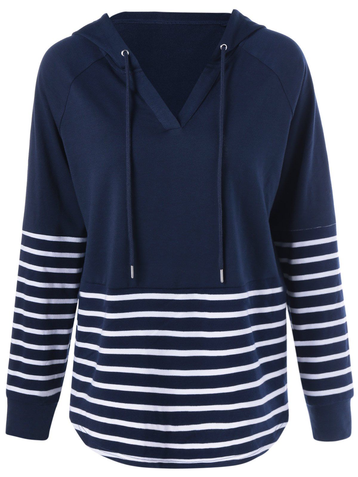 

Striped Patchwork Raglan Sleeve Hoodie, Purplish blue