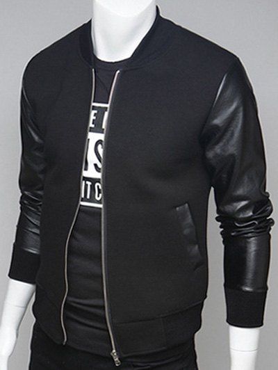

PU Leather Splicing Stand Collar Zip Up Jacket, Black