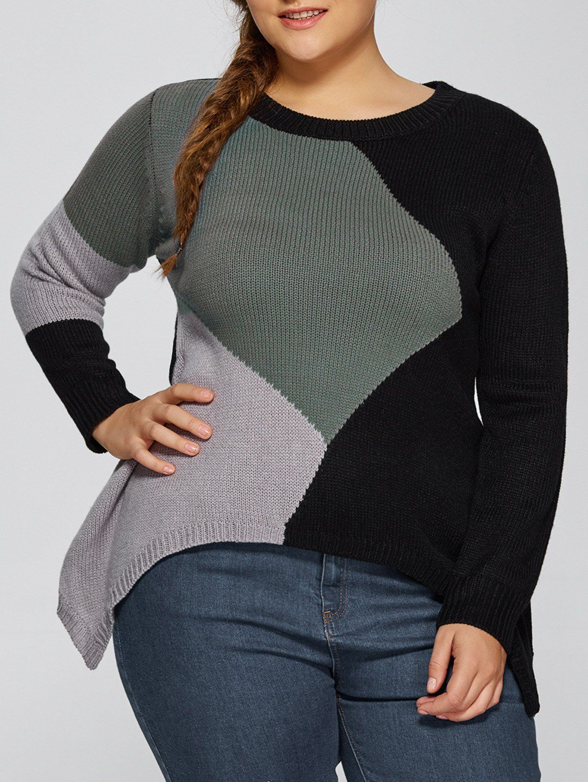 

Asymmetric Pullover Plus Size Crew Neck Sweater, Black