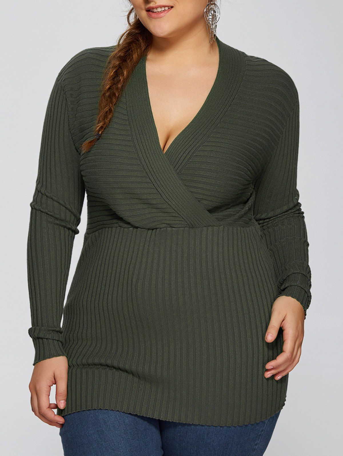 [64 OFF] Plus Size V Neck Pullover Sweater Rosegal