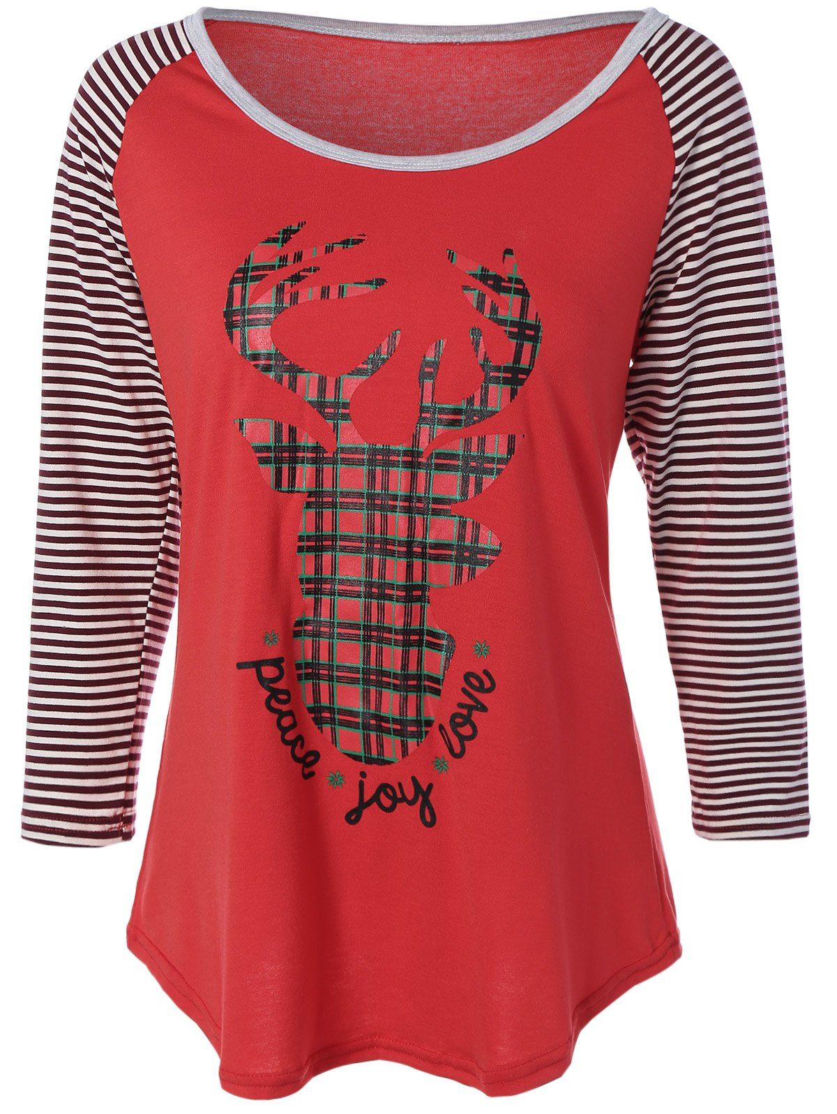 

Reindeer Striped Raglan Sleeve Christmas T-Shirt, Red