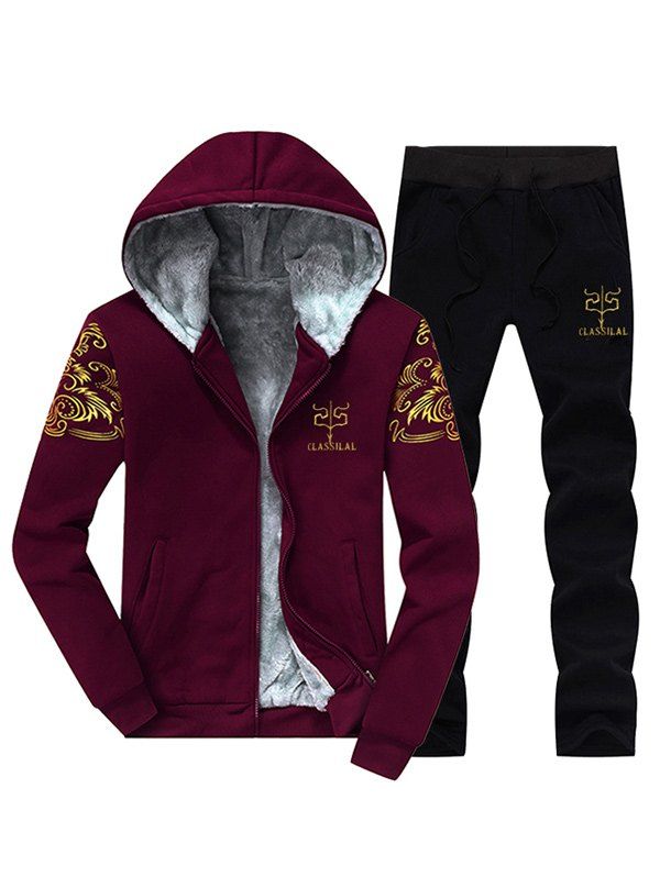 

Printed Flocking Hoodie and Drawstring Pants Twinset, Burgundy