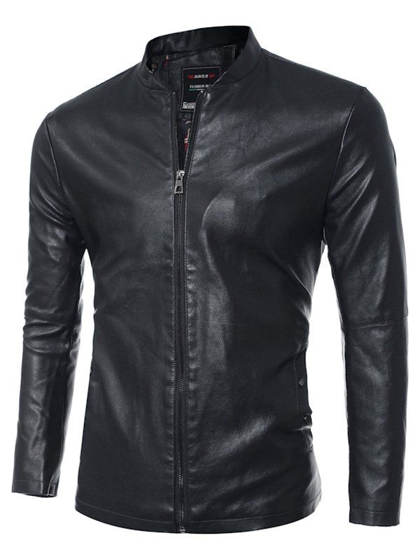 

Simple Stand Collar PU Leather Jacket, Black