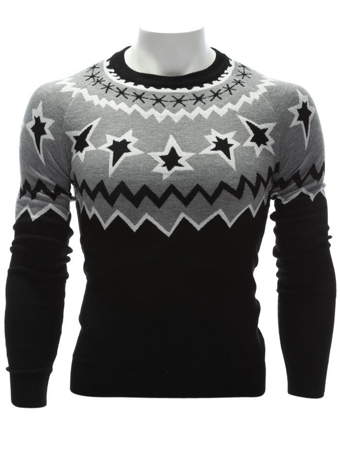 

Crew Neck Color Block Waviness Graphic Sweater, Black and grey