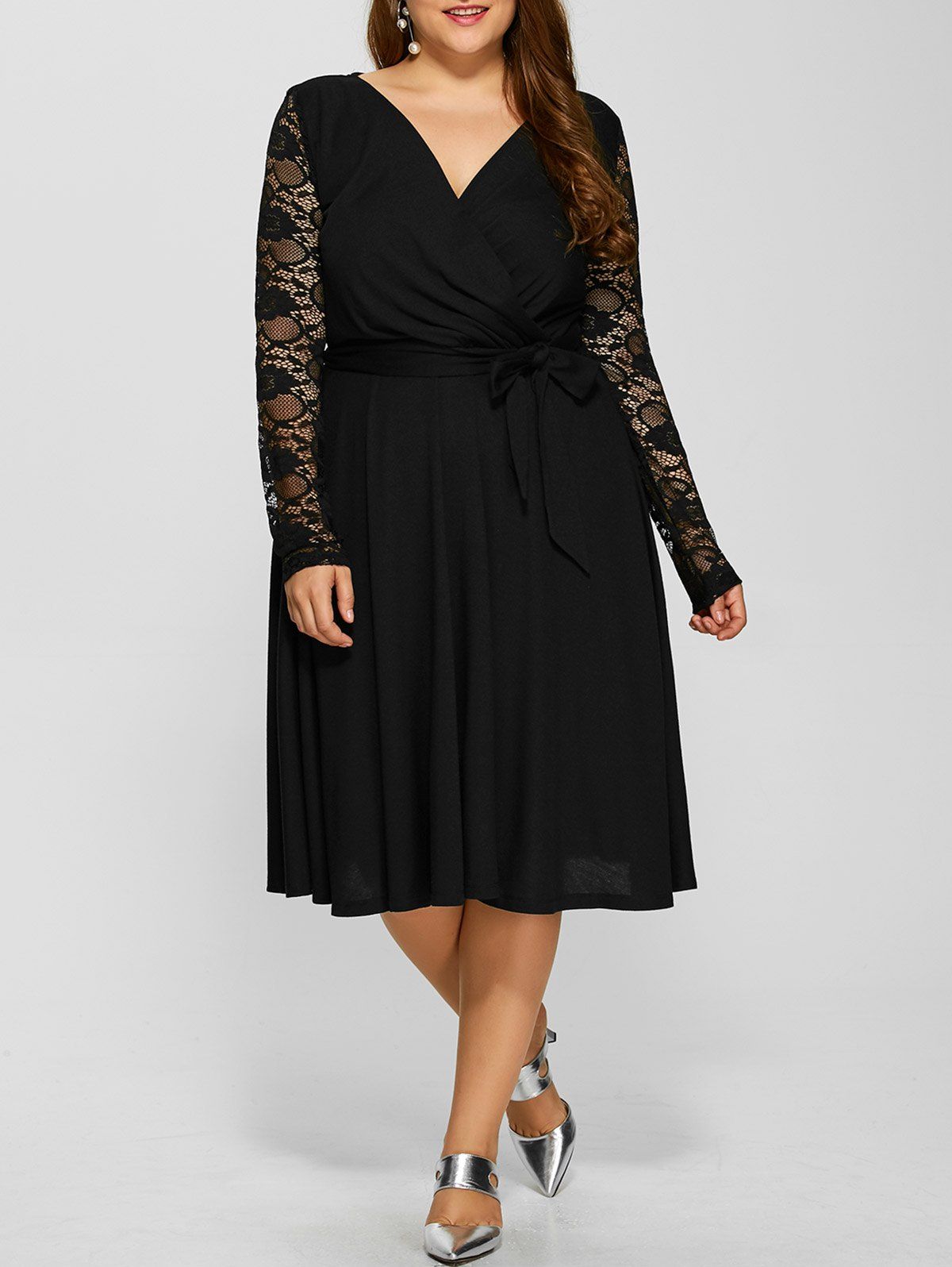 2018 Plus Size Lace Sleeve A Line Midi Surplice Dress In Black 5xl ...