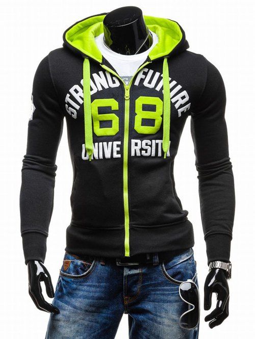 

Graphic Print Emboss Hooded Zip-Up Hoodie, Black