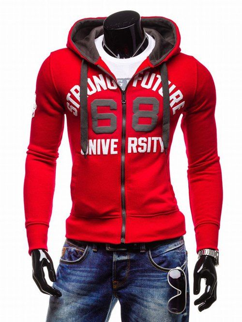 

Graphic Print Emboss Hooded Zip-Up Hoodie, Red