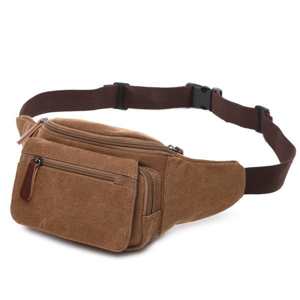 

Canvas Colour Spliced Zippers Waist Bag, Light coffee