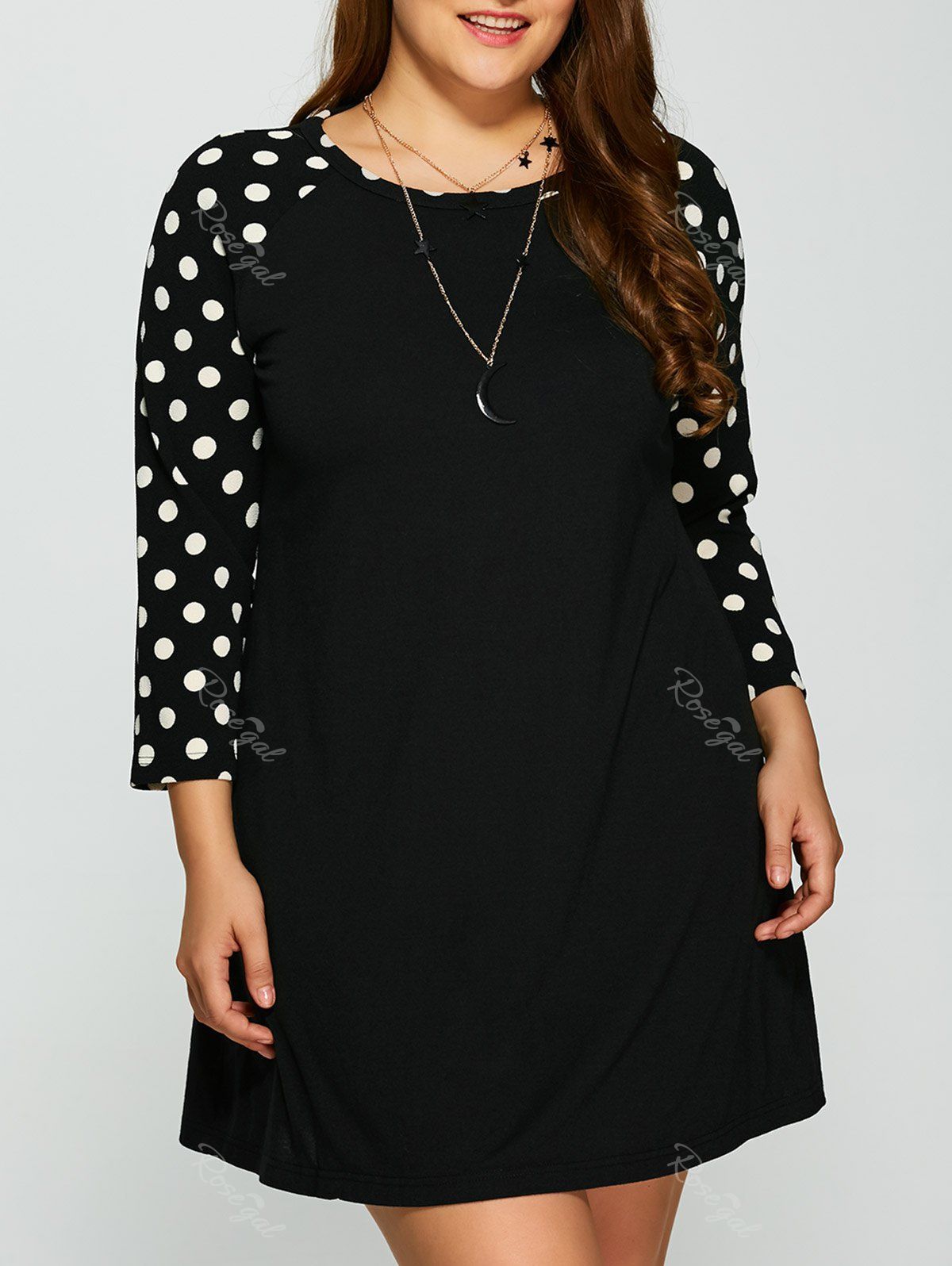 

Plus Size Polka Dot Panel Short Casual Dress, Black