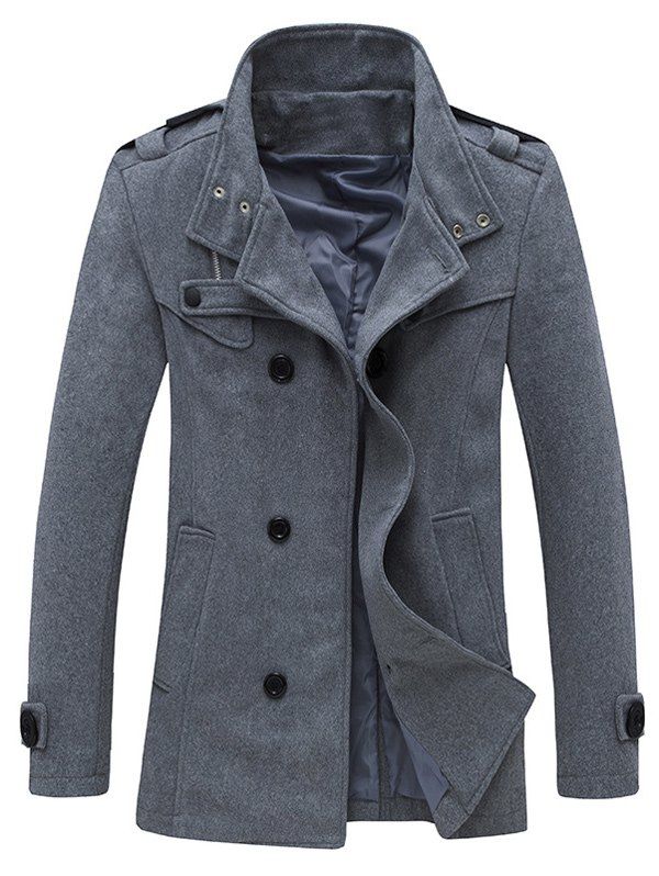 [39% OFF] Zippered Epaulet Design Stand Collar Pea Coat | Rosegal