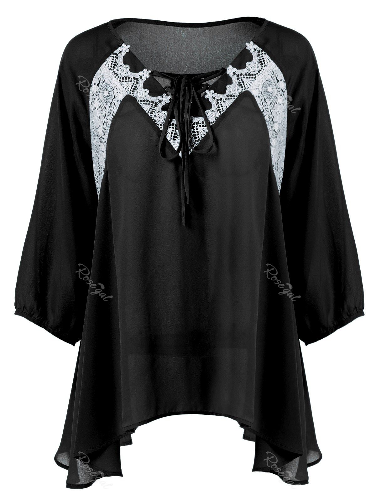 

Plus Size Lace Insert Tie Front Tunic Blouse, Black