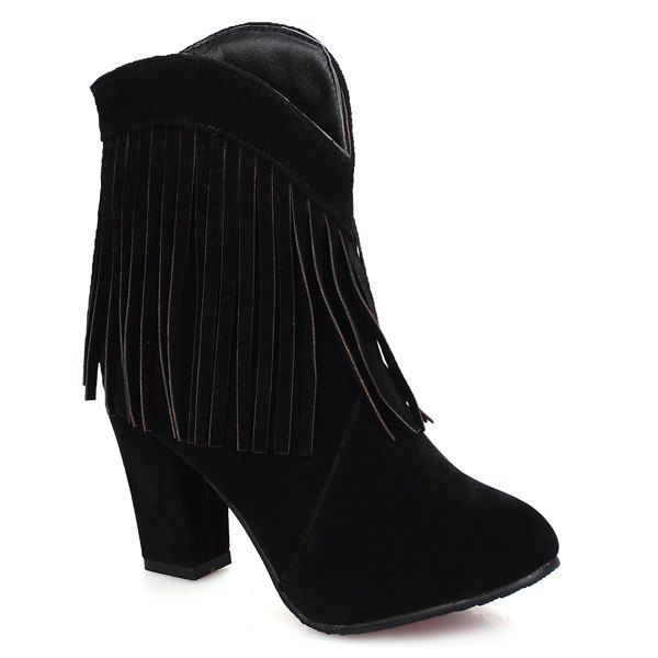 [44 OFF] Suede Fringe Chunky Heel Short Boots Rosegal