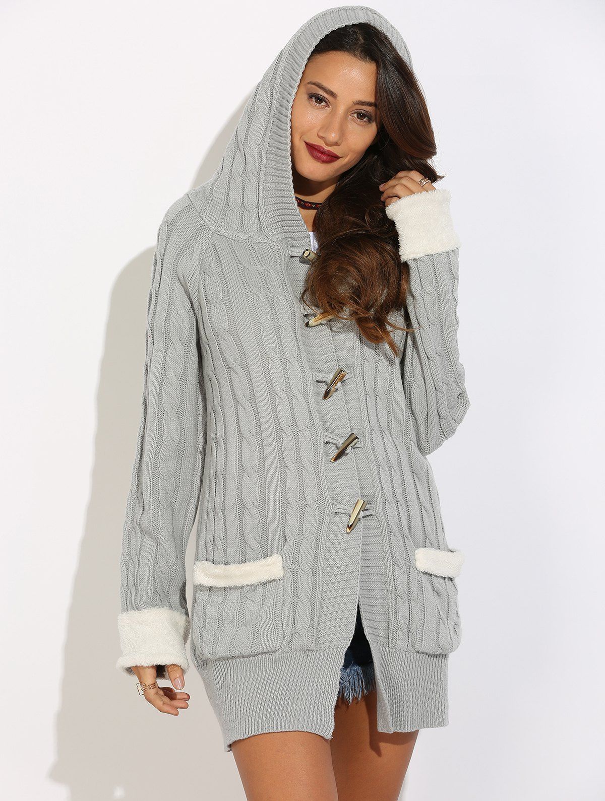 

Horn Button Cable Knit Cardigan, Gray