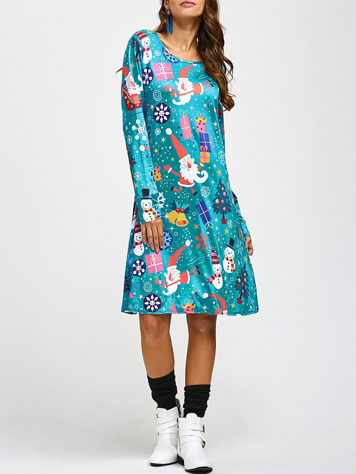 

Jewel Neck Father Christmas Cartoon Print Long Sleeve Dress, Blue