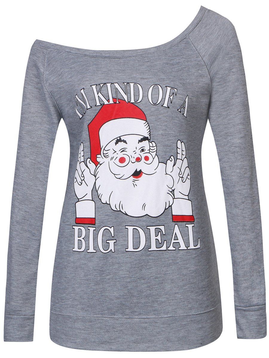 

Santa Print Skew Neck Christmas Sweatshirt, Gray