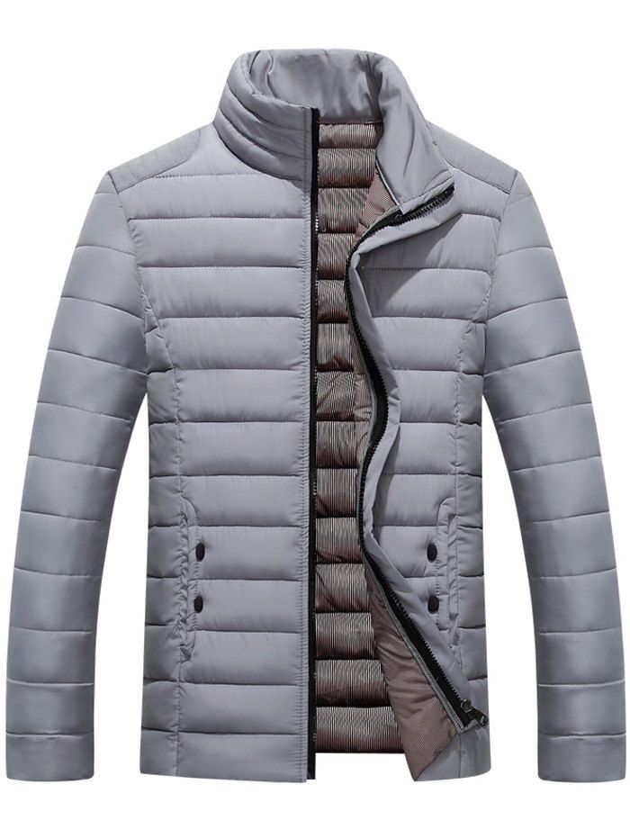 

Button Embellished Zip Up Quilted Jacket, Gray