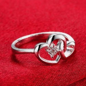 Silver 8 Rhinestone Double Love Heart Ring | RoseGal.com