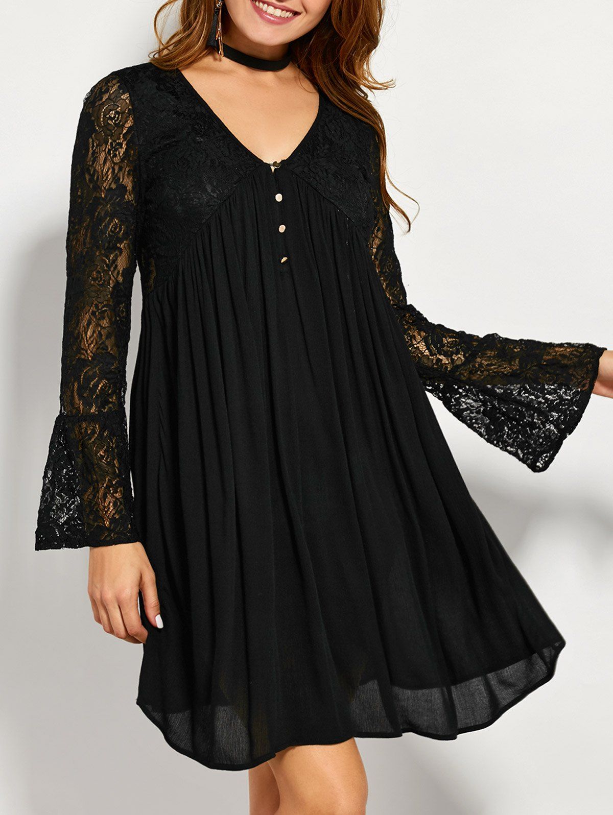 33 Off Lace Panel Long Sleeve A Line Tunic Dress Rosegal 