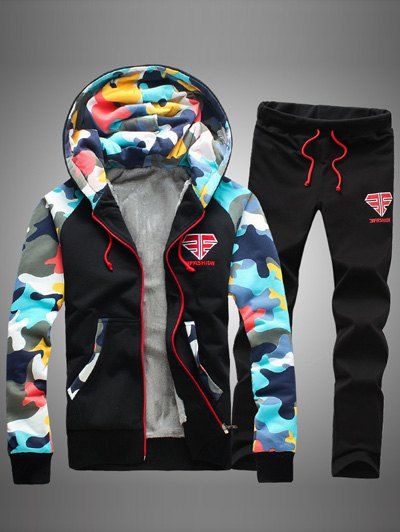 [50% OFF] Camouflage Splicing Zip Up Flocking Hoodie And Pants Twinset ...