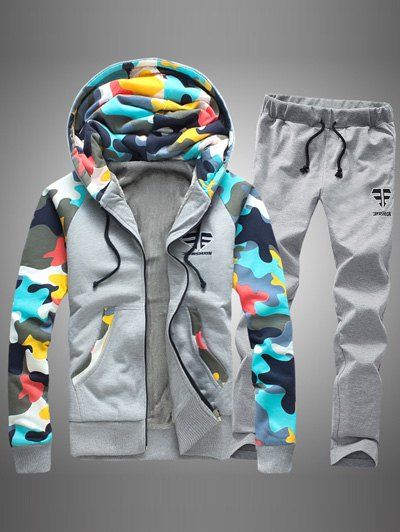 [41% OFF] Camouflage Splicing Zip Up Flocking Hoodie And Pants Twinset ...