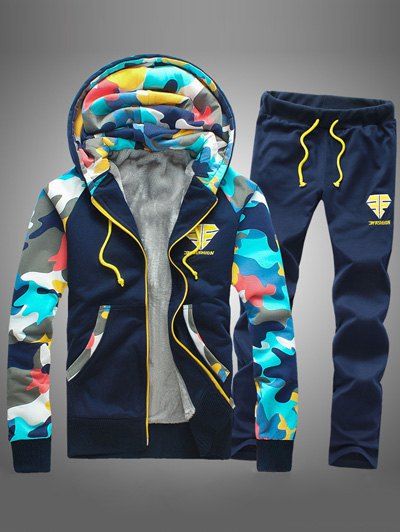 [33% OFF] Camouflage Splicing Zip Up Flocking Hoodie And Pants Twinset ...