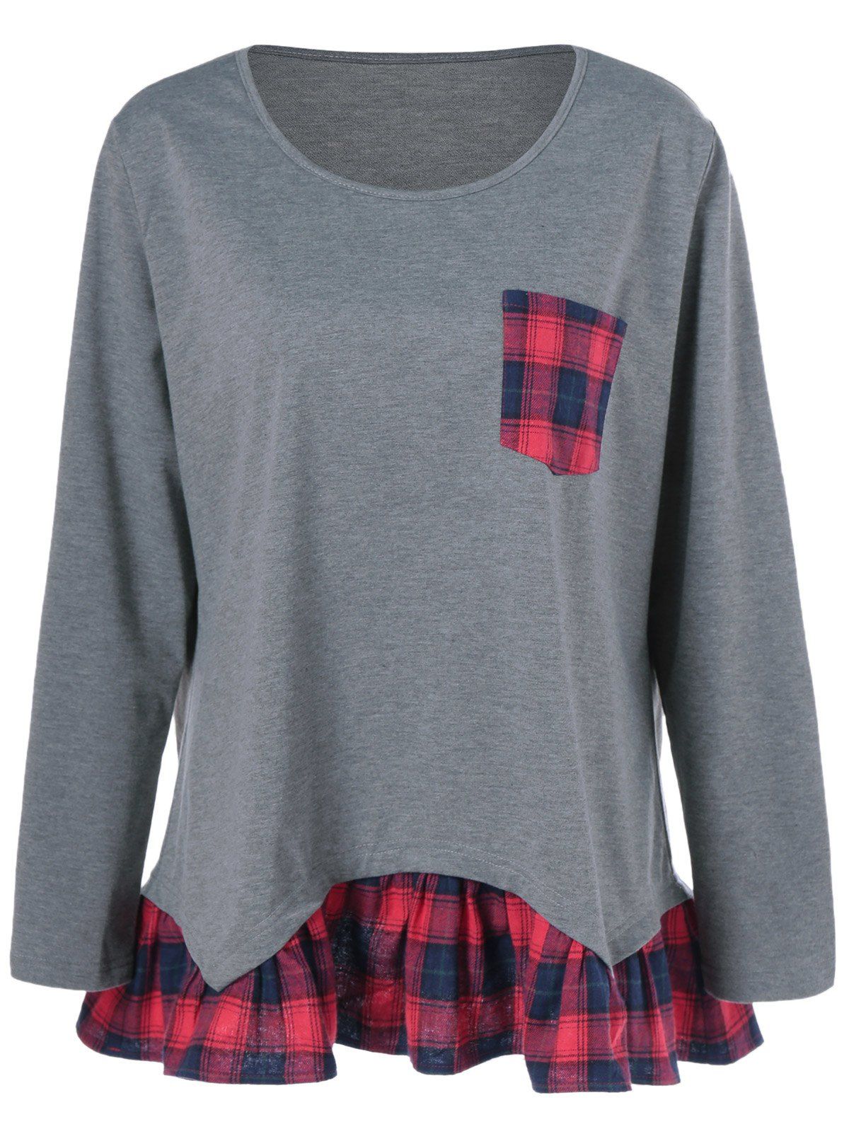 Gray 2xl Plus Size Plaid Flounced T-shirt | RoseGal.com