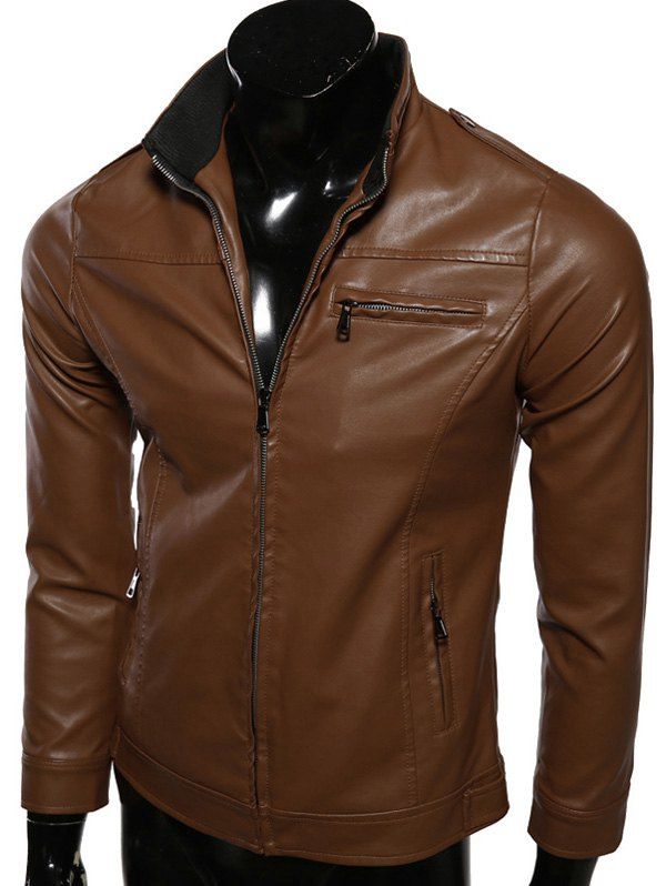 

Rib Splicing Stand Collar Zip-Up PU-Leather Jacket, Brown