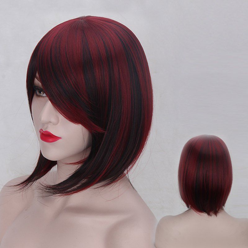 

Short Oblique Bang Straight Double Color Synthetic Wig, Red with black