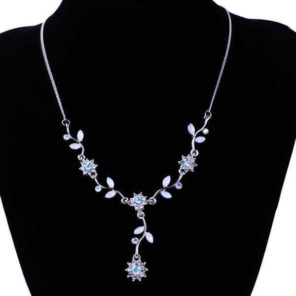 

Floral Leaf Rhinestone Pendant Necklace, Silver