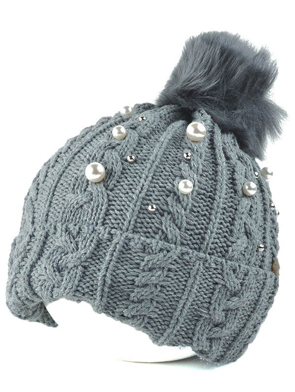 

Flanging Faux Pearl Knit Ball Beanie, Gray