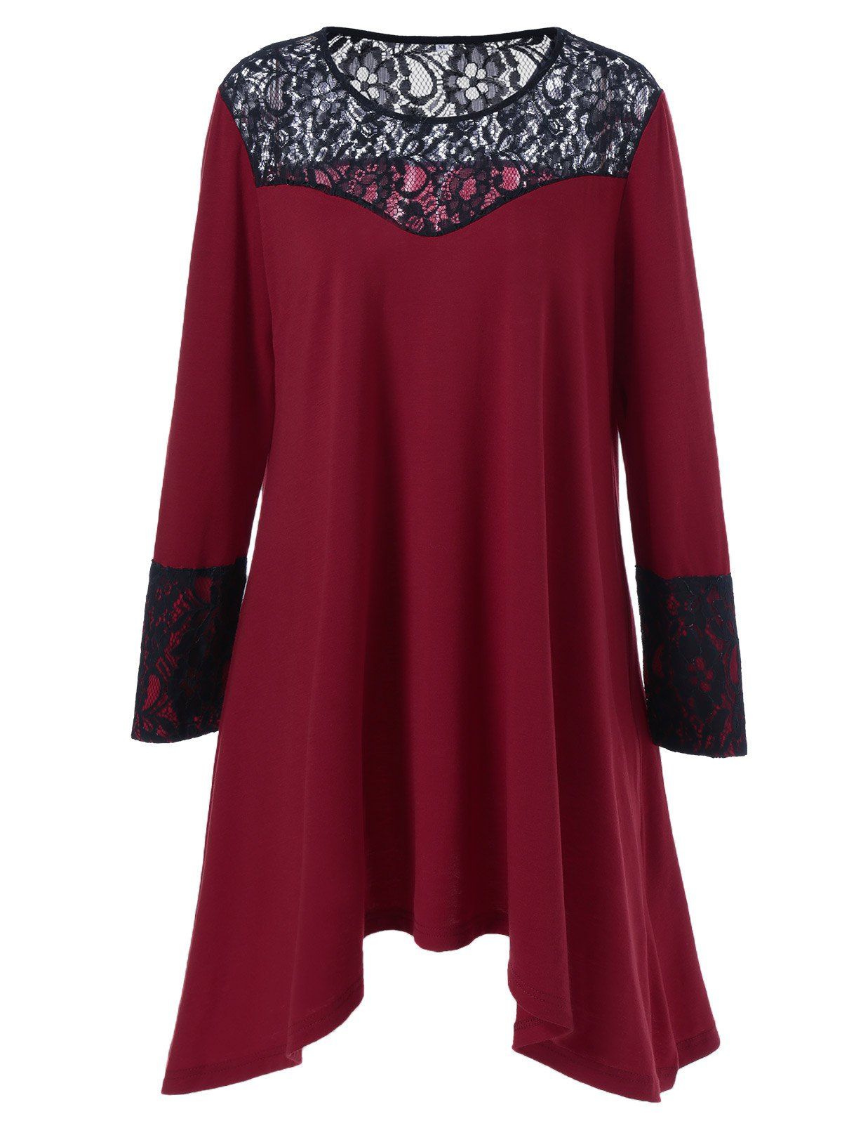 

Plus Size Lace Trim Asymmetrical T Shirt Dress, Red with black
