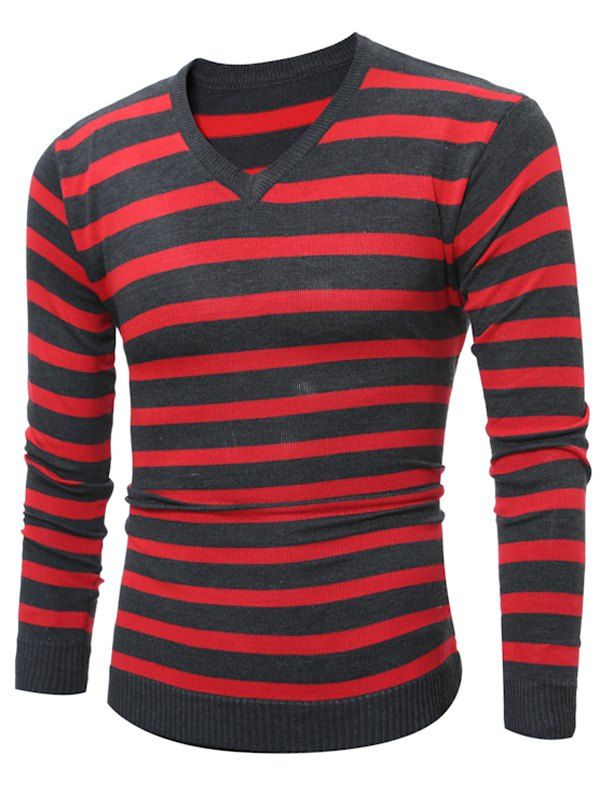 

V Neck Striped Knitting Sweater, Red