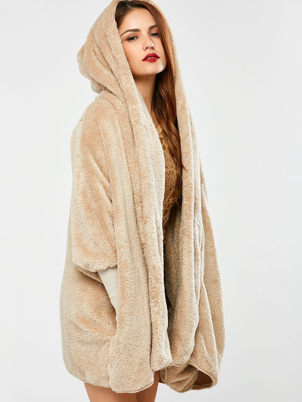 Apricot One Size Fuzzy Hooded Coat | RoseGal.com